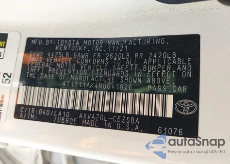 2022 Toyota Camry Se z USA, uszkodzony, nr VIN 4T1T11AK4NU641826